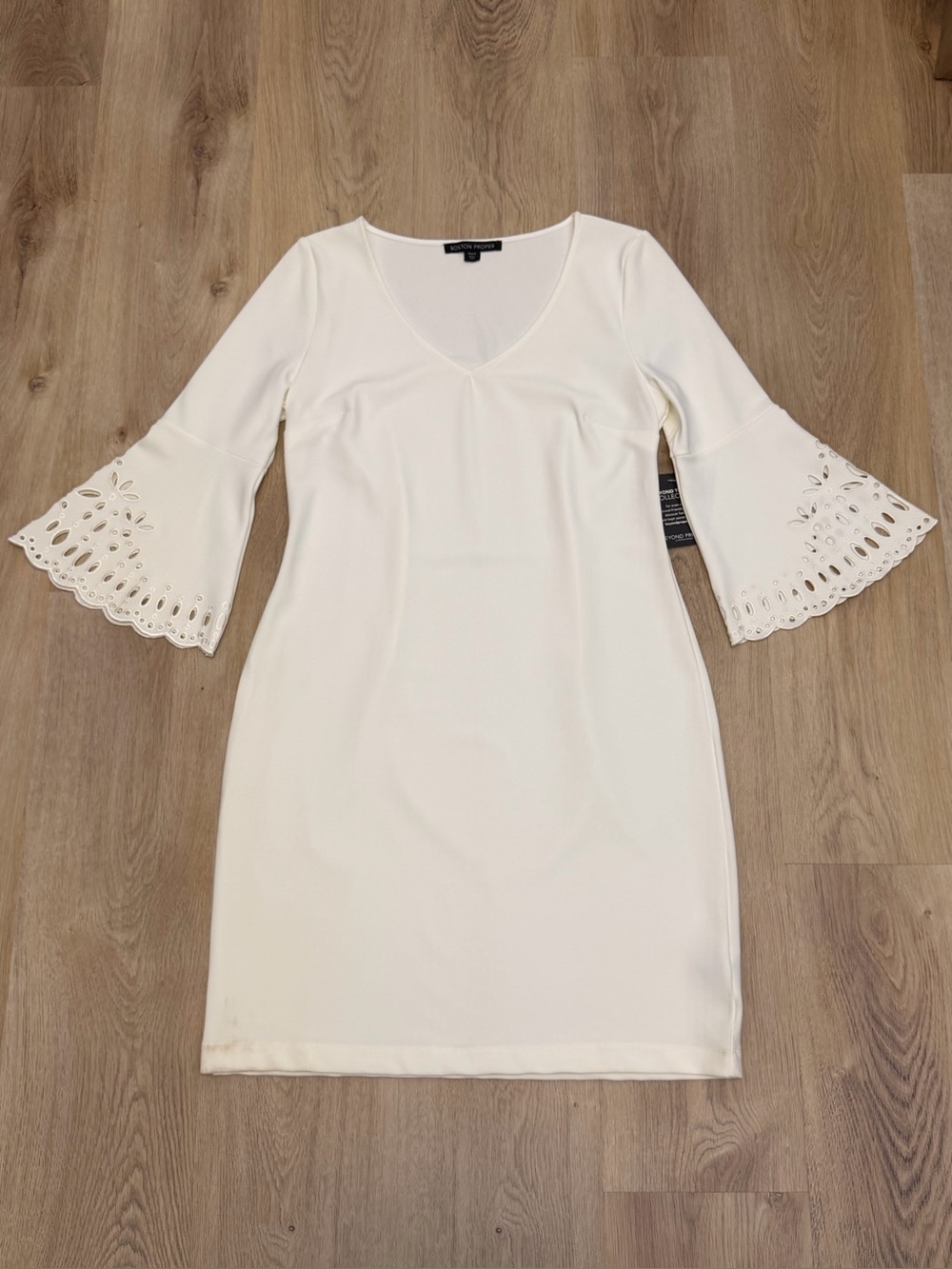 Boston Proper White V-Neck Eyelet Bell Sleeve Dress